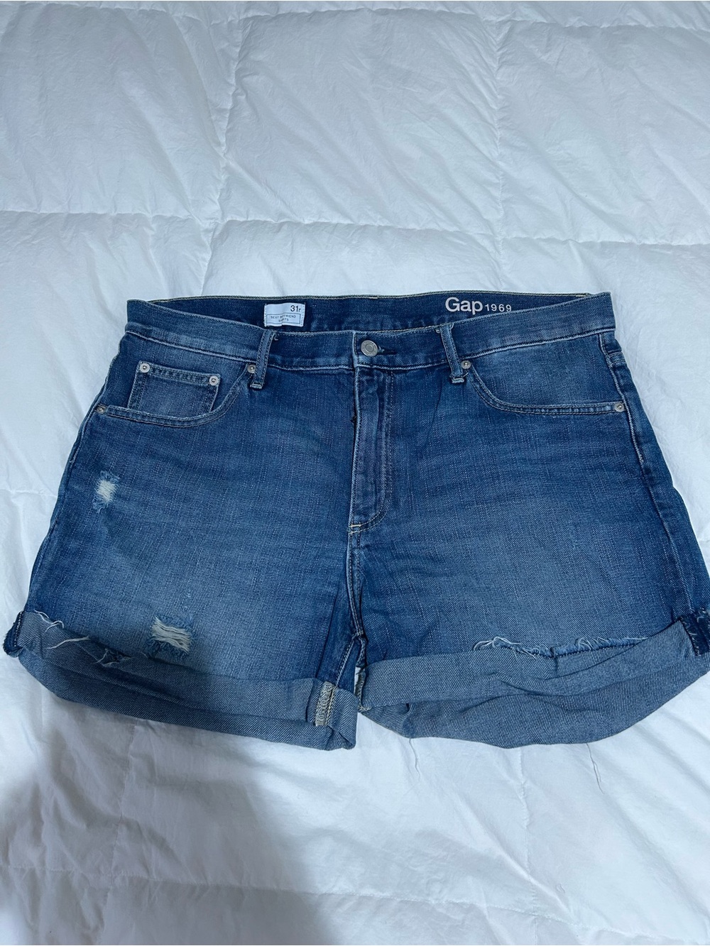 GAP Women's Dark Blue Rolled-Hem Distressed Denim Shorts